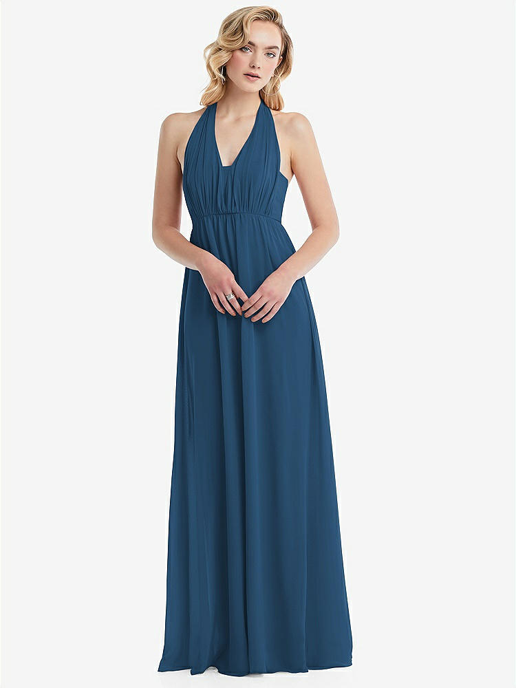 【STYLE: TH095】Empire Waist Shirred Skirt Convertible Sash Tie Maxi Dress【COLOR: Dusk Blue】