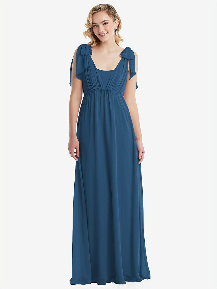 【STYLE: TH095】Empire Waist Shirred Skirt Convertible Sash Tie Maxi Dress【COLOR: Dusk Blue】
