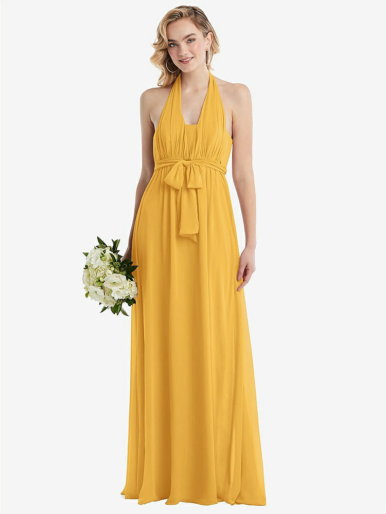 【STYLE: TH095】Empire Waist Shirred Skirt Convertible Sash Tie Maxi Dress【COLOR: NYC Yellow】