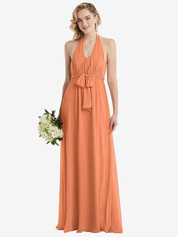 【NEW】【STYLE: TH095】エンパイア ウエスト シャイレッド スカート コンバーチブル サッシ ネクタイ マキシ ドレス【COLOR: Sweet Melon】【SIZE: 00-30W】
