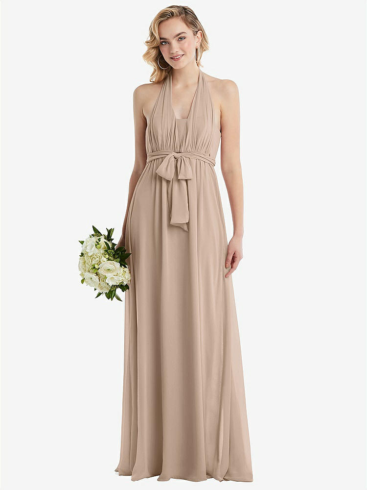 【STYLE: TH095】Empire Waist Shirred Skirt Convertible Sash Tie Maxi Dress【COLOR: Topaz】