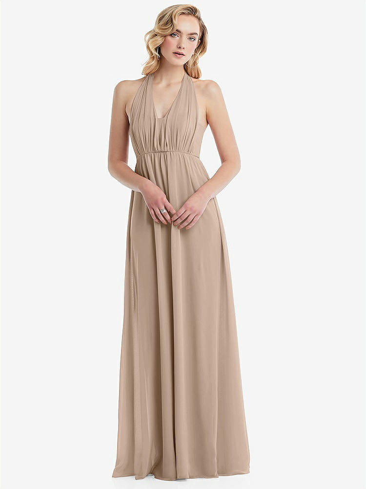 【STYLE: TH095】Empire Waist Shirred Skirt Convertible Sash Tie Maxi Dress【COLOR: Topaz】