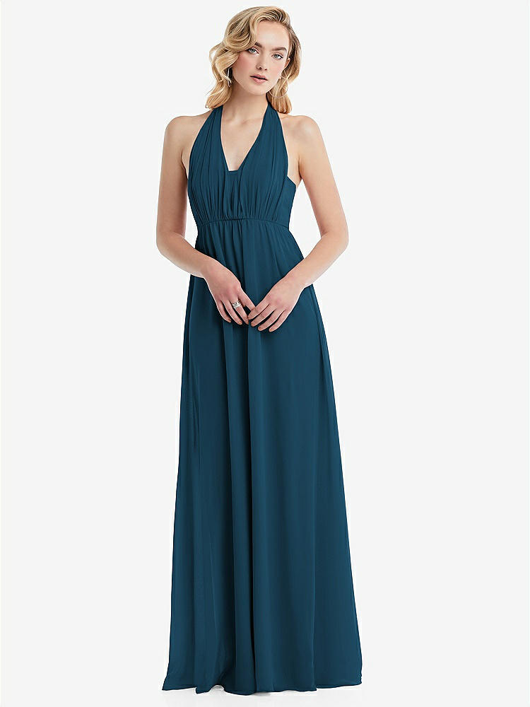 【STYLE: TH095】Empire Waist Shirred Skirt Convertible Sash Tie Maxi Dress【COLOR: Atlantic Blue】