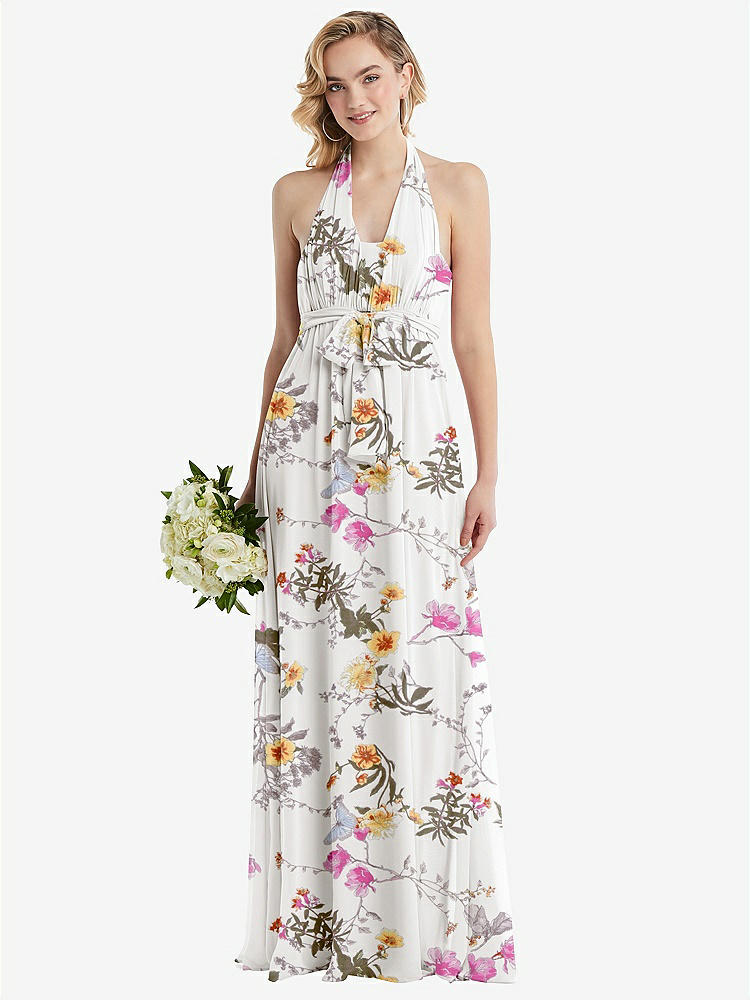 【STYLE: TH095】Empire Waist Shirred Skirt Convertible Sash Tie Maxi Dress【COLOR: Butterfly Botanica Ivory】