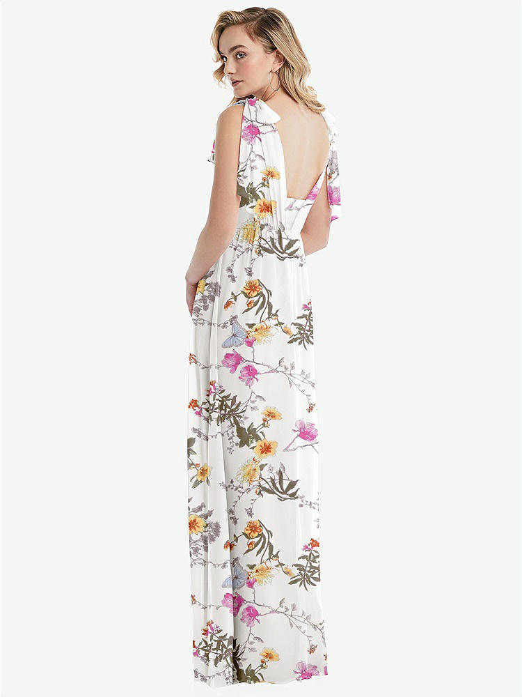 【STYLE: TH095】Empire Waist Shirred Skirt Convertible Sash Tie Maxi Dress【COLOR: Butterfly Botanica Ivory】
