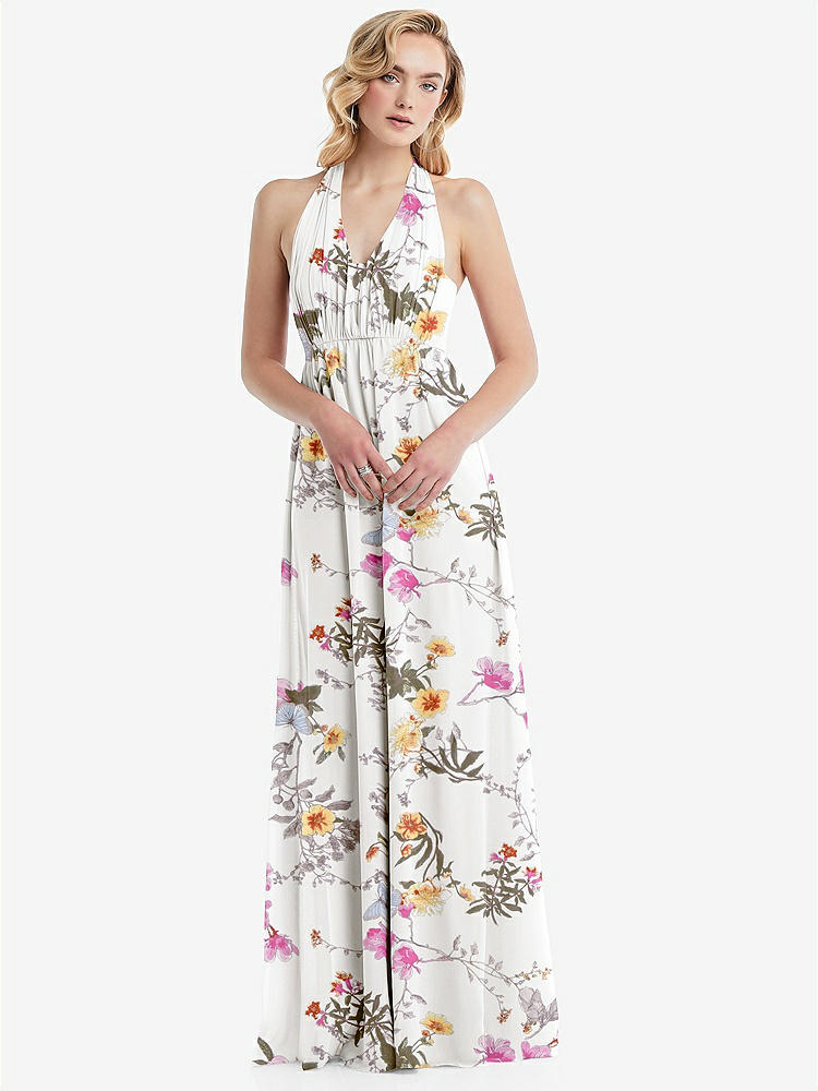 【STYLE: TH095】Empire Waist Shirred Skirt Convertible Sash Tie Maxi Dress【COLOR: Butterfly Botanica Ivory】