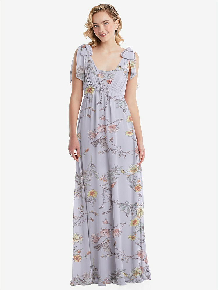 【STYLE: TH095】Empire Waist Shirred Skirt Convertible Sash Tie Maxi Dress【COLOR: Butterfly Botanica Silver Dove】