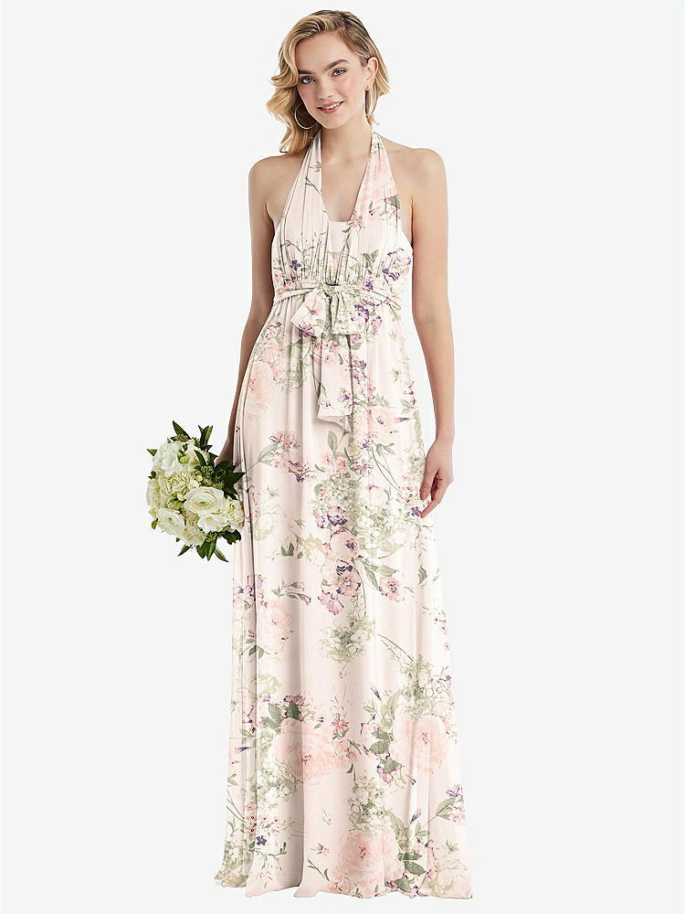 【NEW】【STYLE: TH095】エンパイア ウエスト シャイレッド スカート コンバーチブル サッシ ネクタイ マキシ ドレス【COLOR: Blush Garden】【SIZE: 00-30W】