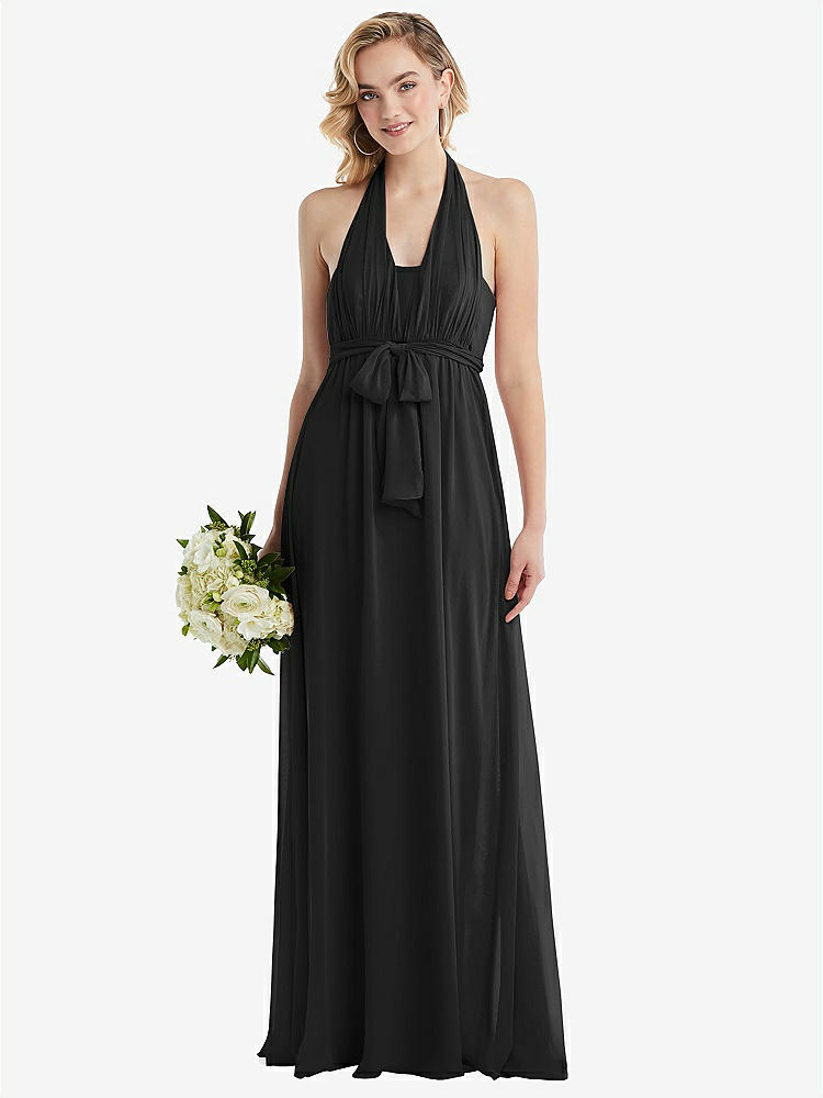【STYLE: TH095】Empire Waist Shirred Skirt Convertible Sash Tie Maxi Dress【COLOR: Black】