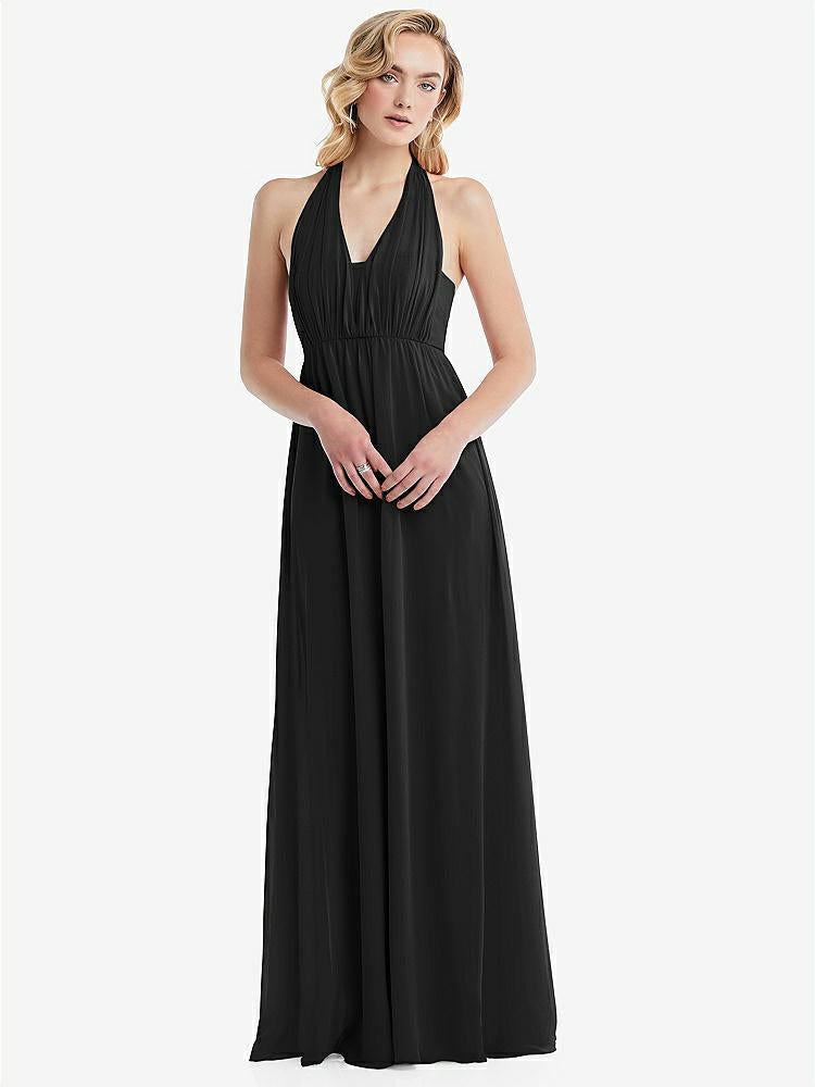 【STYLE: TH095】Empire Waist Shirred Skirt Convertible Sash Tie Maxi Dress【COLOR: Black】