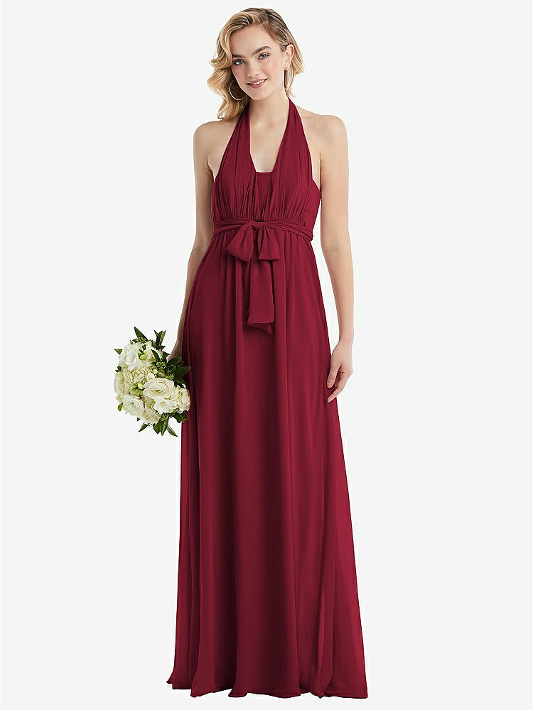 【STYLE: TH095】Empire Waist Shirred Skirt Convertible Sash Tie Maxi Dress【COLOR: Burgundy】