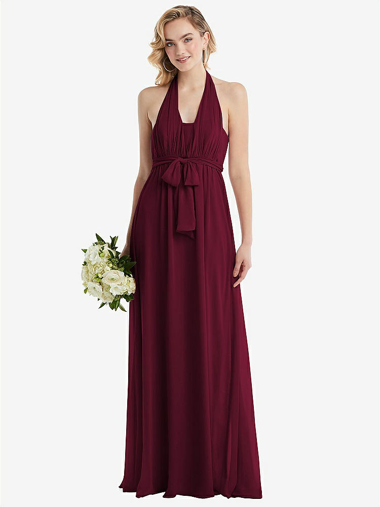 【STYLE: TH095】Empire Waist Shirred Skirt Convertible Sash Tie Maxi Dress【COLOR: Cabernet】