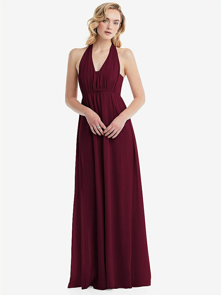 【STYLE: TH095】Empire Waist Shirred Skirt Convertible Sash Tie Maxi Dress【COLOR: Cabernet】