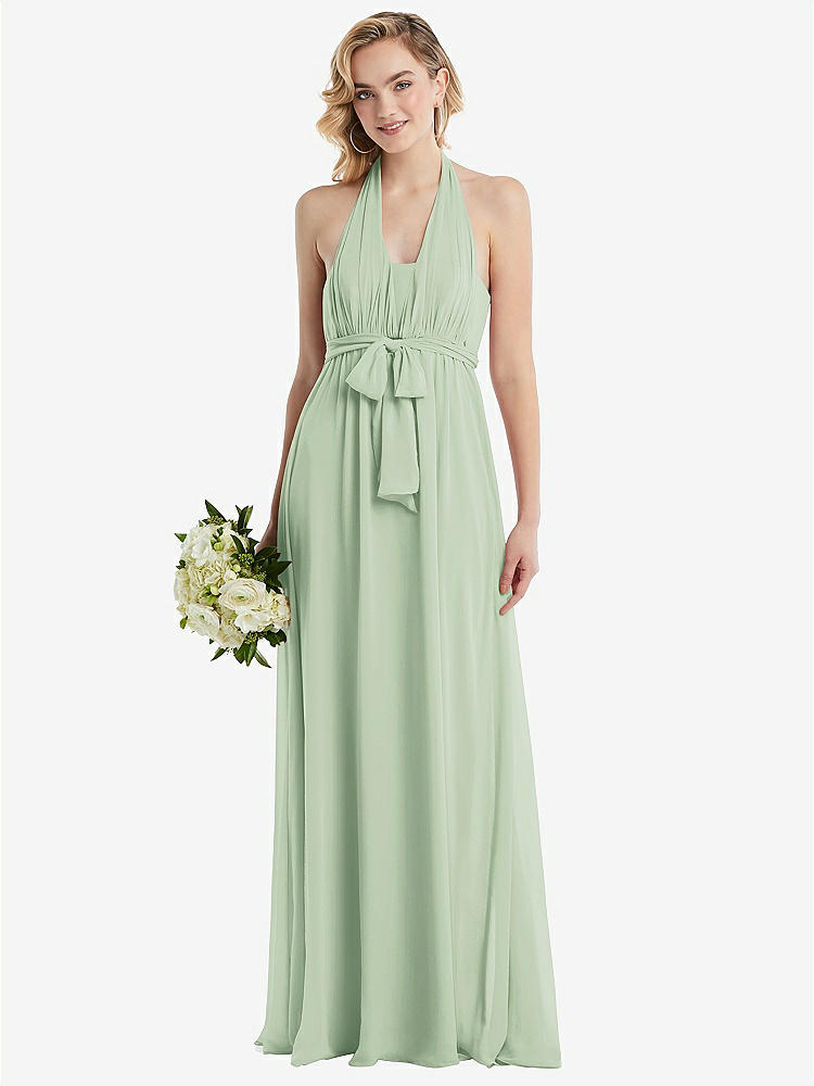 【STYLE: TH095】Empire Waist Shirred Skirt Convertible Sash Tie Maxi Dress【COLOR: Celadon】