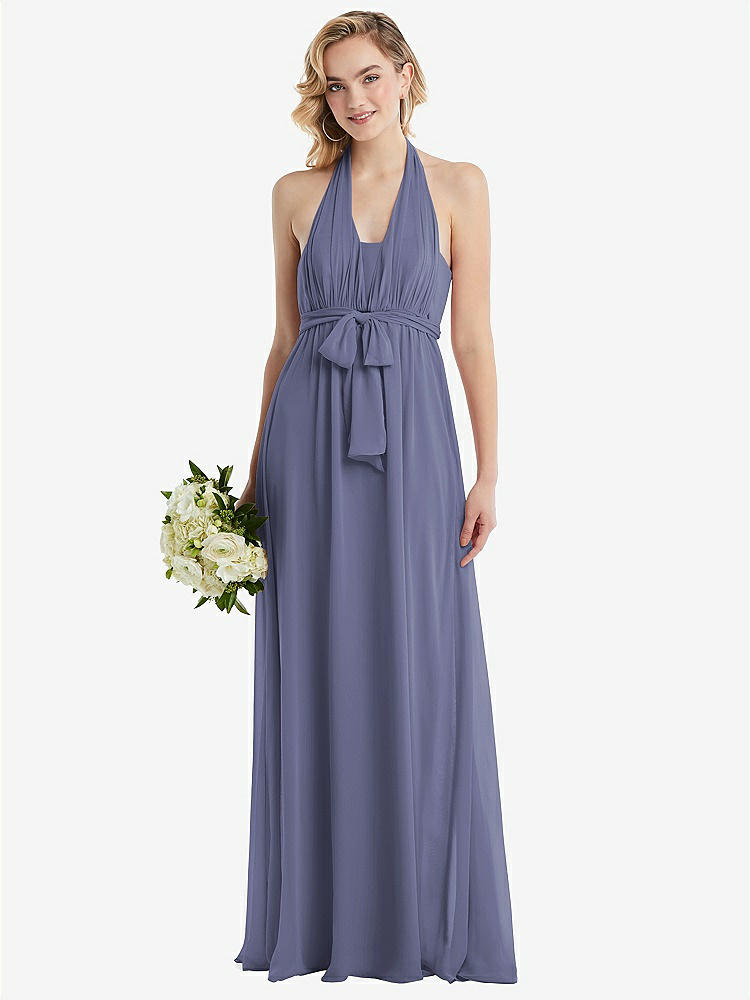 【STYLE: TH095】Empire Waist Shirred Skirt Convertible Sash Tie Maxi Dress【COLOR: French Blue】