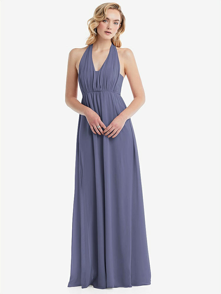 【STYLE: TH095】Empire Waist Shirred Skirt Convertible Sash Tie Maxi Dress【COLOR: French Blue】