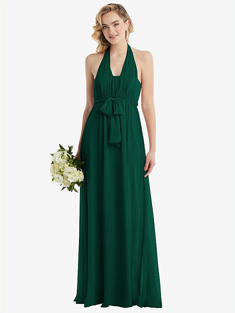 【STYLE: TH095】Empire Waist Shirred Skirt Convertible Sash Tie Maxi Dress【COLOR: Hunter Green】