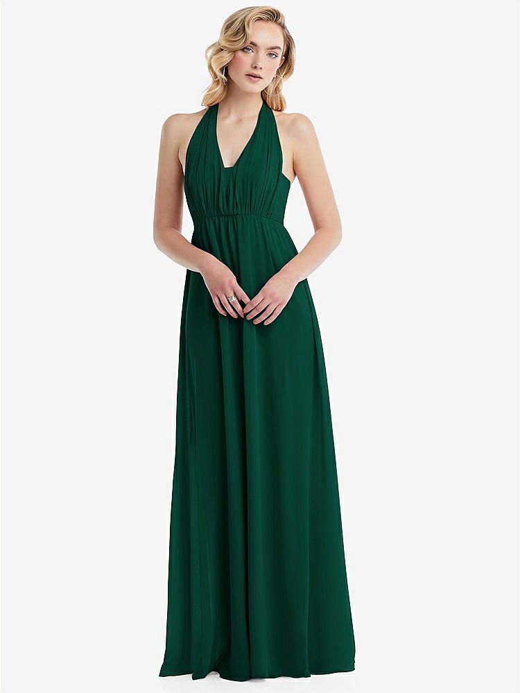 【STYLE: TH095】Empire Waist Shirred Skirt Convertible Sash Tie Maxi Dress【COLOR: Hunter Green】