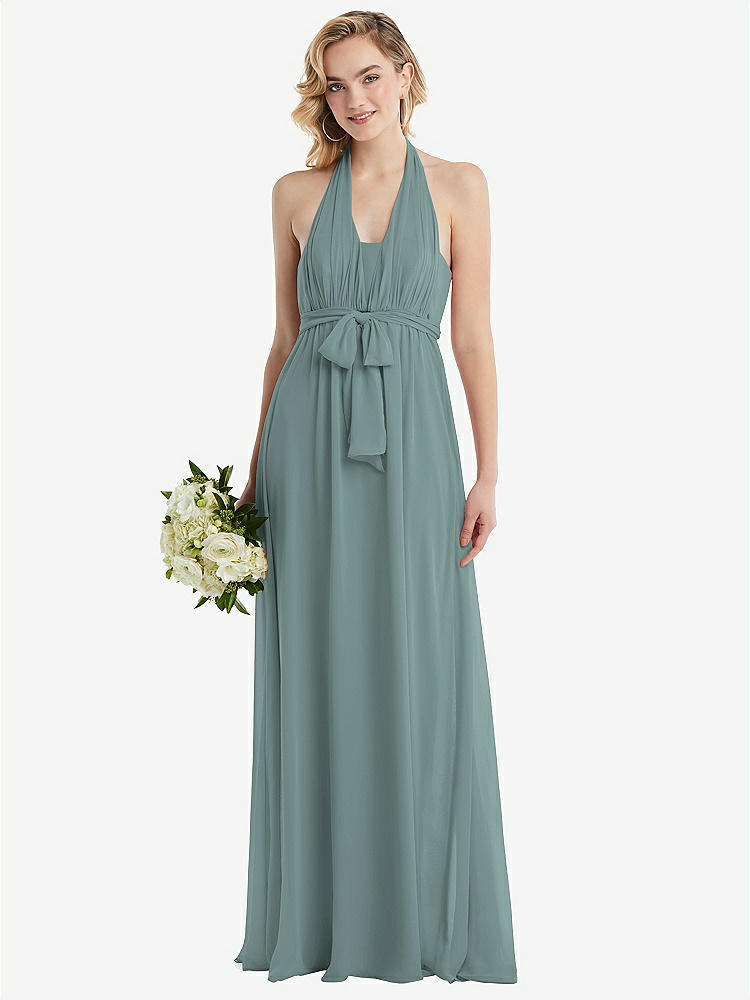 【STYLE: TH095】Empire Waist Shirred Skirt Convertible Sash Tie Maxi Dress【COLOR: Icelandic】