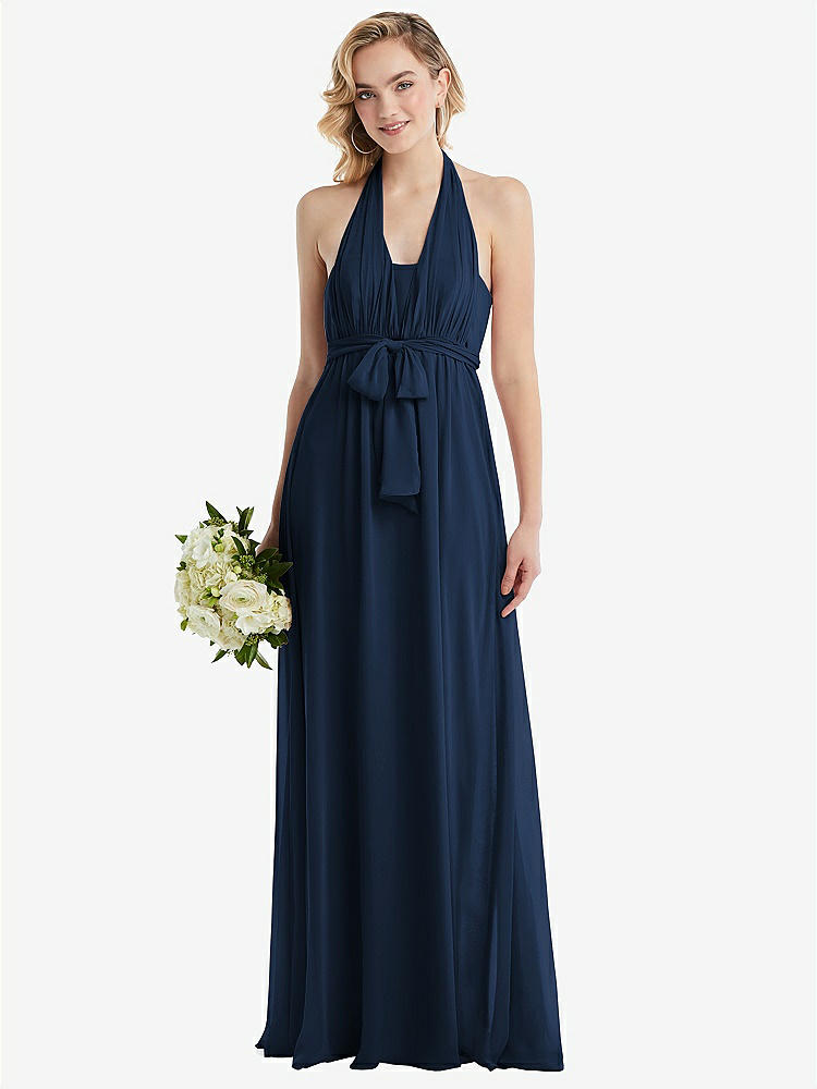 【STYLE: TH095】Empire Waist Shirred Skirt Convertible Sash Tie Maxi Dress【COLOR: Midnight Navy】