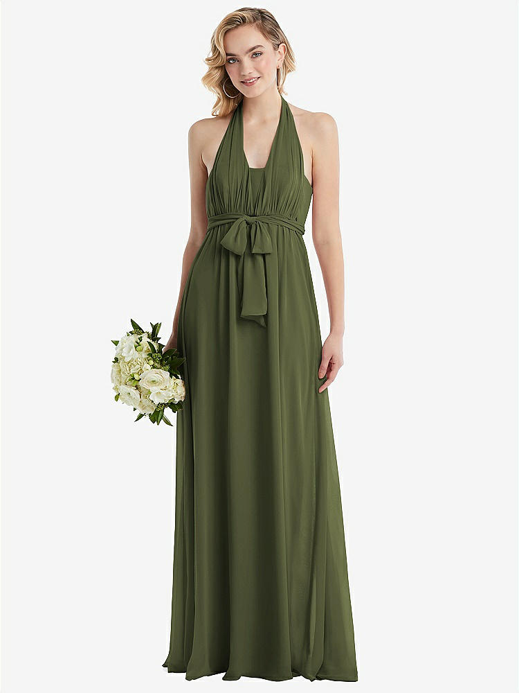 【STYLE: TH095】Empire Waist Shirred Skirt Convertible Sash Tie Maxi Dress【COLOR: Olive Green】