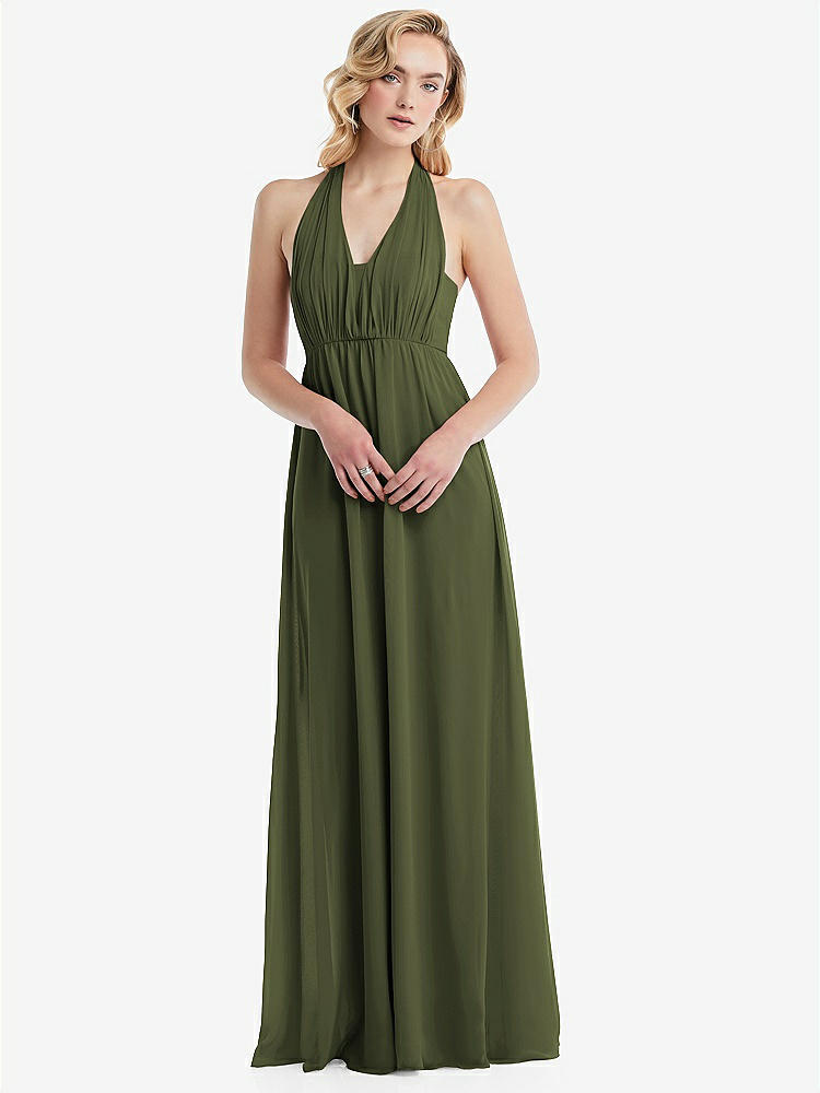 【STYLE: TH095】Empire Waist Shirred Skirt Convertible Sash Tie Maxi Dress【COLOR: Olive Green】
