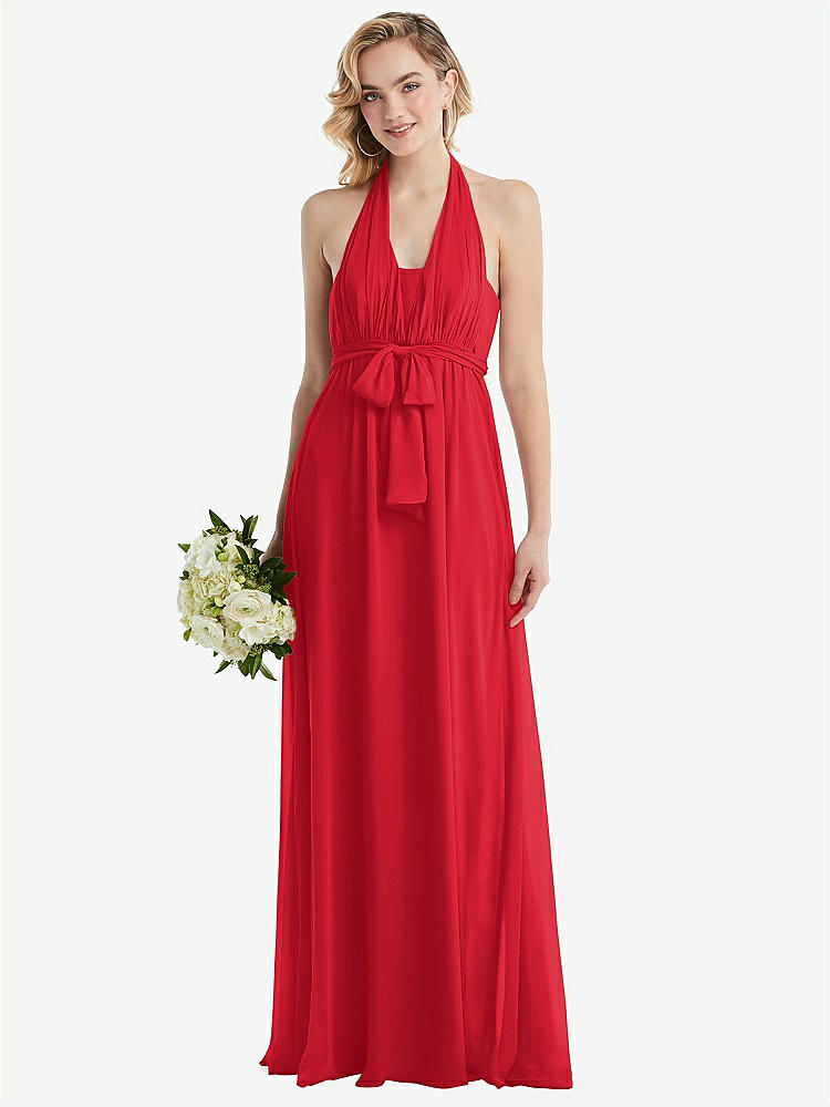 【STYLE: TH095】Empire Waist Shirred Skirt Convertible Sash Tie Maxi Dress【COLOR: Parisian Red】