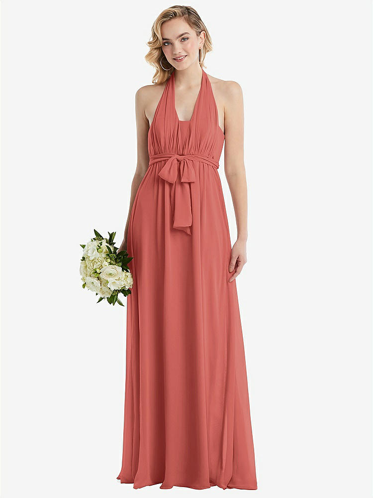 【NEW】【STYLE: TH095】エンパイア ウエスト シャイレッド スカート コンバーチブル サッシ ネクタイ マキシ ドレス【COLOR: Coral Pink】【SIZE: 00-30W】