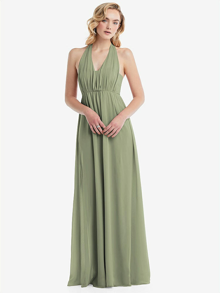 【STYLE: TH095】Empire Waist Shirred Skirt Convertible Sash Tie Maxi Dress【COLOR: Sage】