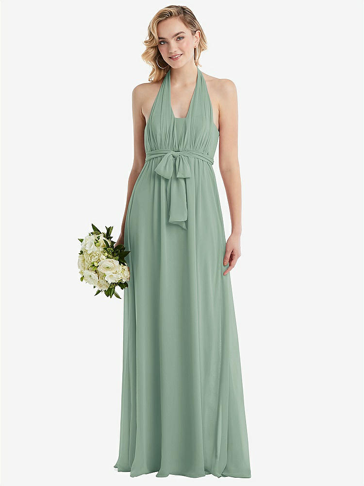 【NEW】【STYLE: TH095】エンパイア ウエスト シャイレッド スカート コンバーチブル サッシ ネクタイ マキシ ドレス【COLOR: Seagrass】【SIZE: 00-30W】