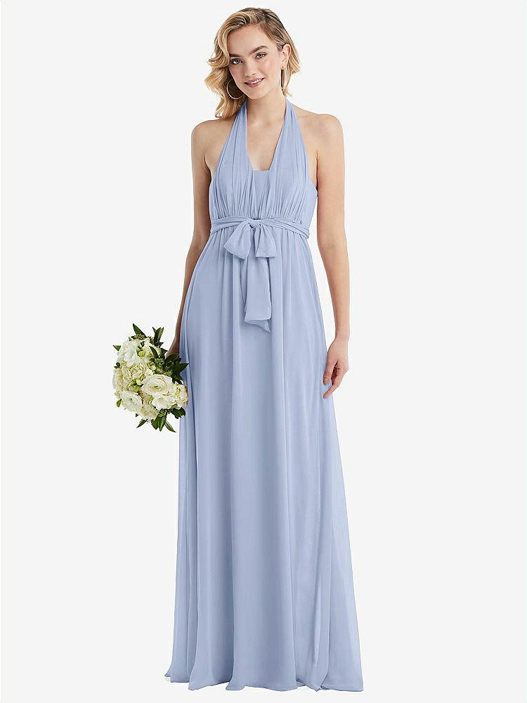 【NEW】【STYLE: TH095】エンパイア ウエスト シャイレッド スカート コンバーチブル サッシ ネクタイ マキシ ドレス【COLOR: Sky Blue】【SIZE: 00-30W】