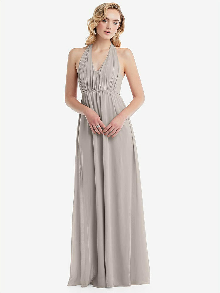 【NEW】【STYLE: TH095】エンパイア ウエスト シャイレッド スカート コンバーチブル サッシ ネクタイ マキシ ドレス【COLOR: Taupe】【SIZE: 00-30W】