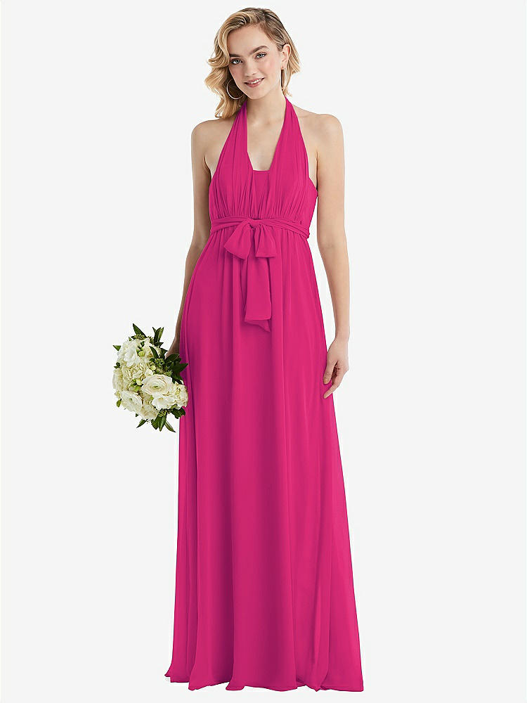 【NEW】【STYLE: TH095】エンパイア ウエスト シャイレッド スカート コンバーチブル サッシ ネクタイ マキシ ドレス【COLOR: Think Pink】【SIZE: 00-30W】