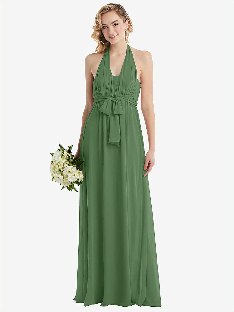 【STYLE: TH095】Empire Waist Shirred Skirt Convertible Sash Tie Maxi Dress【COLOR: Vineyard Green】