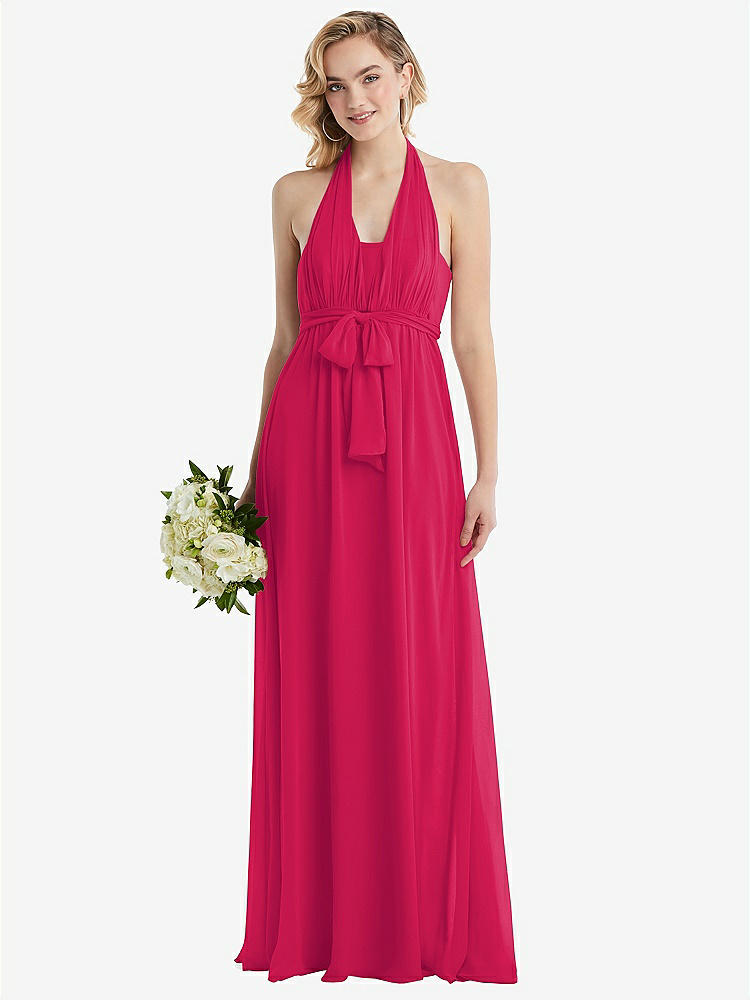 【NEW】【STYLE: TH095】エンパイア ウエスト シャイレッド スカート コンバーチブル サッシ ネクタイ マキシ ドレス【COLOR: Vivid Pink】【SIZE: 00-30W】
