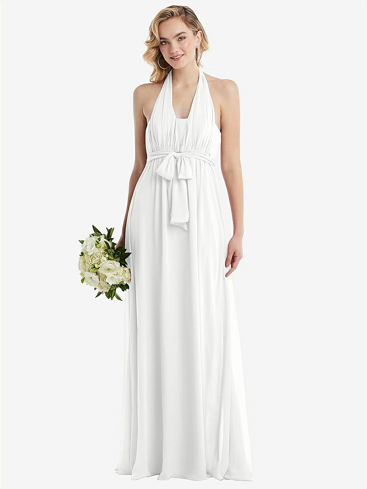 【NEW】【STYLE: TH095】エンパイア ウエスト シャイレッド スカート コンバーチブル サッシ ネクタイ マキシ ドレス【COLOR: White】【SIZE: 00-30W】