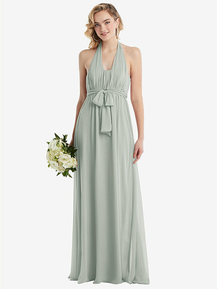 【STYLE: TH095】Empire Waist Shirred Skirt Convertible Sash Tie Maxi Dress【COLOR: Willow Green】