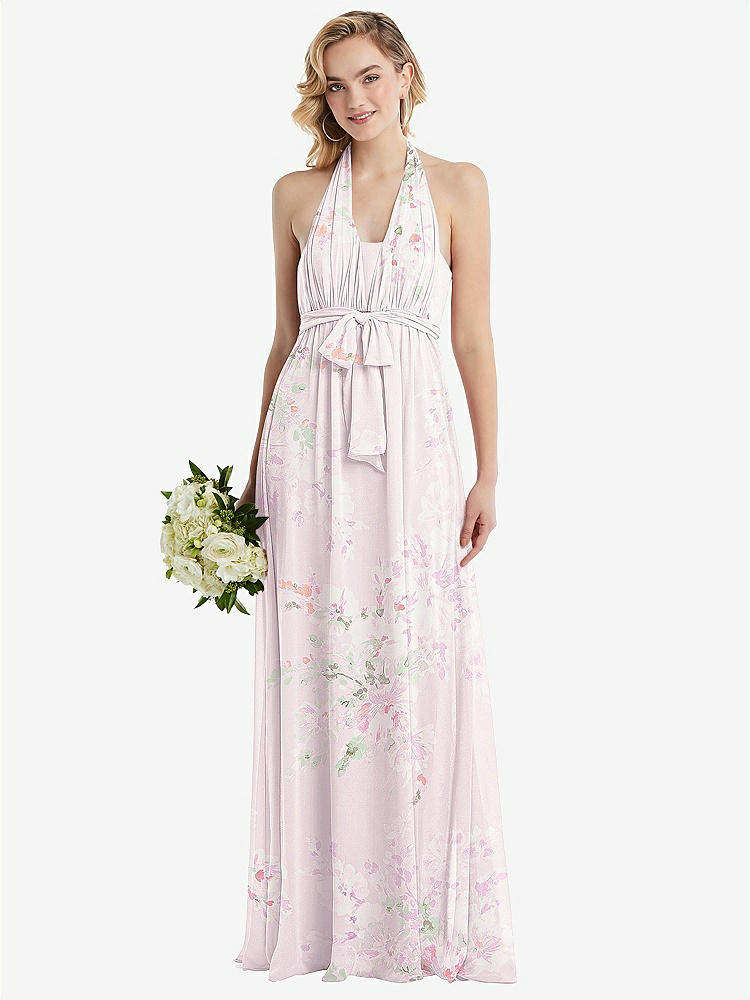 【STYLE: TH095】Empire Waist Shirred Skirt Convertible Sash Tie Maxi Dress【COLOR: Watercolor Print】