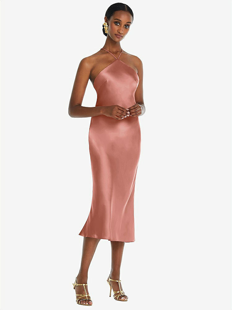 【STYLE: LB040】Diamond Halter Bias Midi Slip Dress with Convertible Straps【COLOR: Desert Rose】