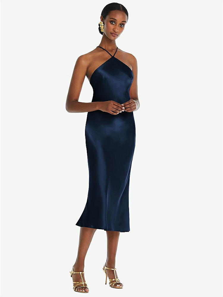 【STYLE: LB040】Diamond Halter Bias Midi Slip Dress with Convertible Straps【COLOR: Midnight Navy】