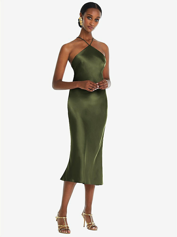 【STYLE: LB040】Diamond Halter Bias Midi Slip Dress with Convertible Straps【COLOR: Olive Green】