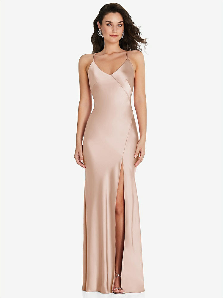 【STYLE: 6854】V-Neck Convertible Strap Bias Slip Dress with Front Slit【COLOR: Cameo】