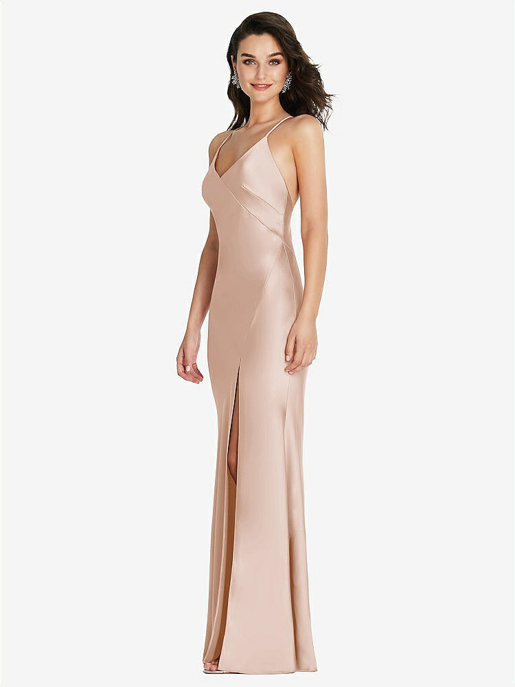 【STYLE: 6854】V-Neck Convertible Strap Bias Slip Dress with Front Slit【COLOR: Cameo】