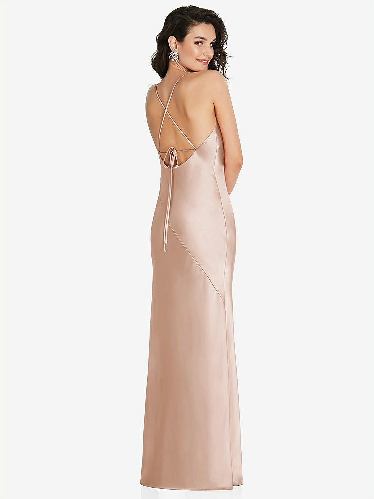 【STYLE: 6854】V-Neck Convertible Strap Bias Slip Dress with Front Slit【COLOR: Cameo】