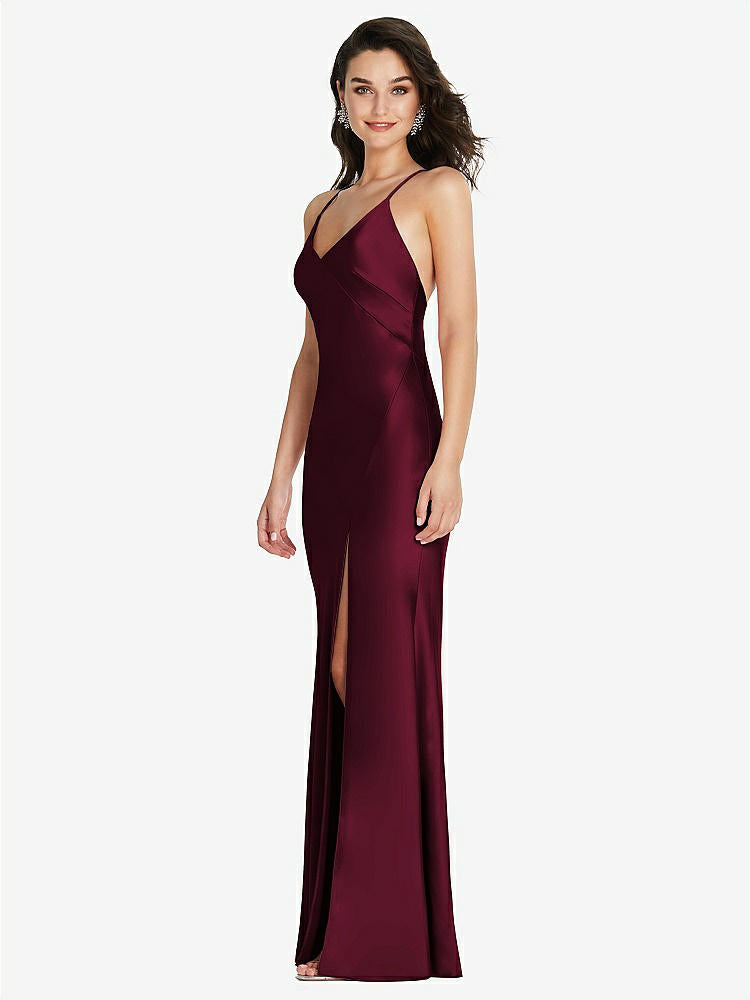 【NEW】【STYLE: 6854】Vネック コンバーチブル ストラップ バイアス スリップ ドレス 前面 スリット【COLOR: Cabernet】【SIZE: 00-30W】