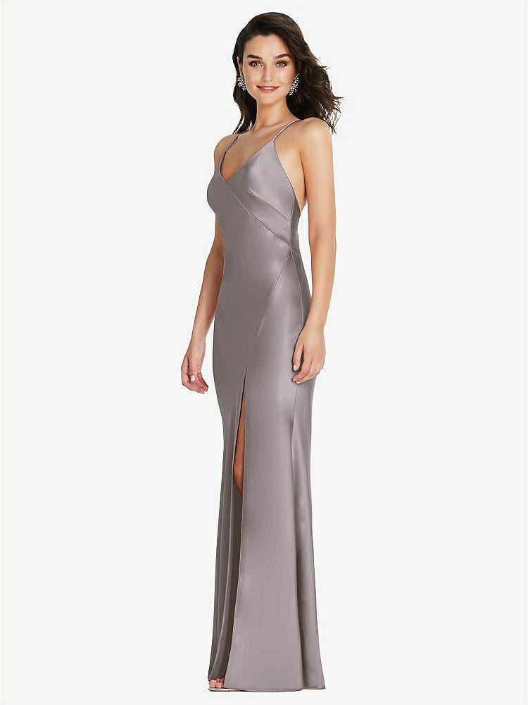 【NEW】【STYLE: 6854】Vネック コンバーチブル ストラップ バイアス スリップ ドレス 前面 スリット【COLOR: Cashmere Gray】【SIZE: 00-30W】