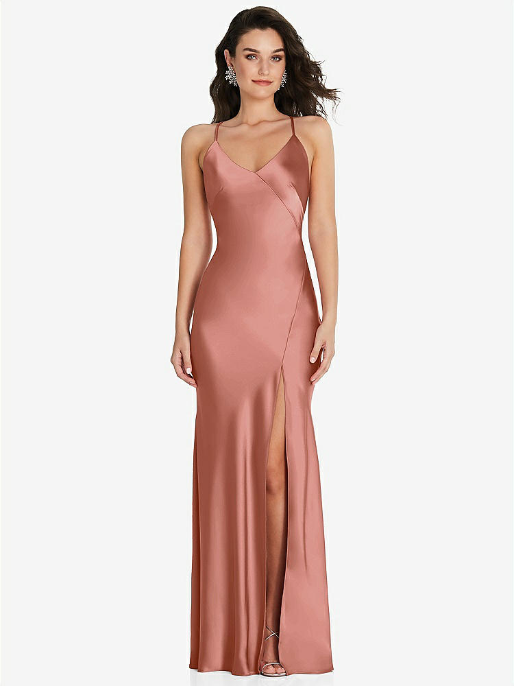 【STYLE: 6854】V-Neck Convertible Strap Bias Slip Dress with Front Slit【COLOR: Desert Rose】