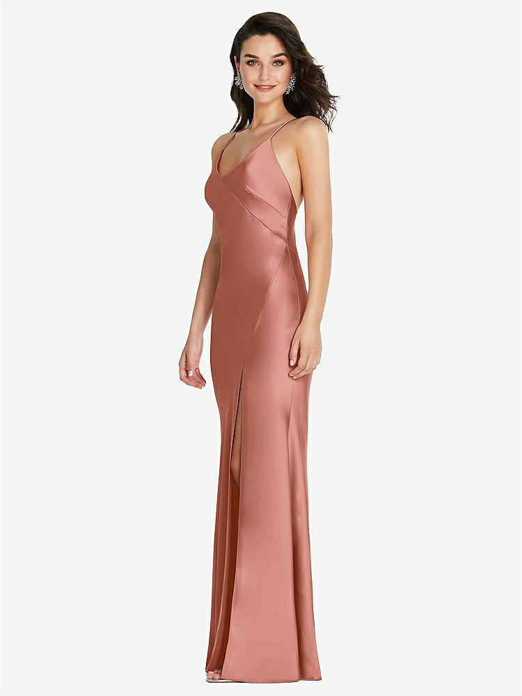 【STYLE: 6854】V-Neck Convertible Strap Bias Slip Dress with Front Slit【COLOR: Desert Rose】