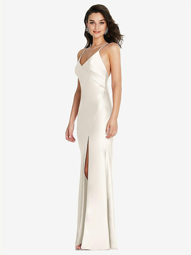 【STYLE: 6854】V-Neck Convertible Strap Bias Slip Dress with Front Slit【COLOR: Ivory】
