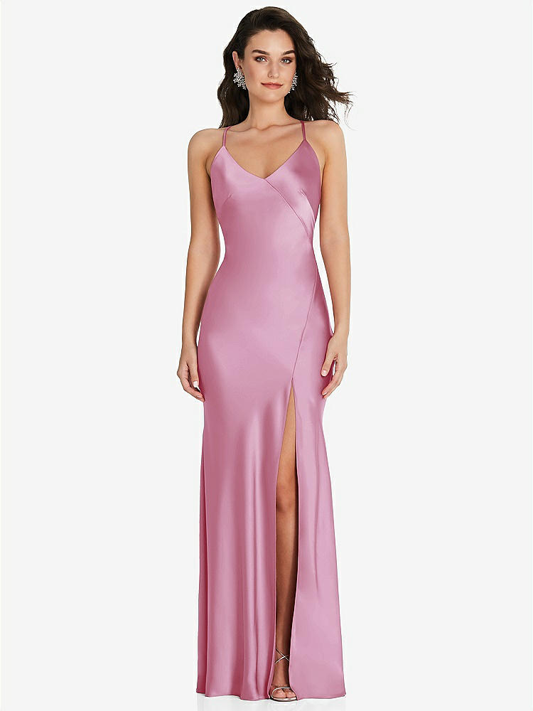 【STYLE: 6854】V-Neck Convertible Strap Bias Slip Dress with Front Slit【COLOR: Powder Pink】